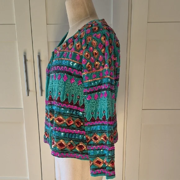 NWT Ruby Yaya Cotton Velvet Beaded Sequin Jacket Teal Boho Glam Large - Picture 3 of 12
